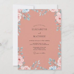 Terracotta Teal Leafy Wedding Invitation