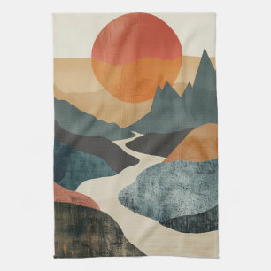Terracotta Teal Mountain Sunset River Landscape Kitchen Towel