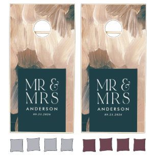 Terracotta teal Mr & Mrs modern painterly wedding Cornhole Set