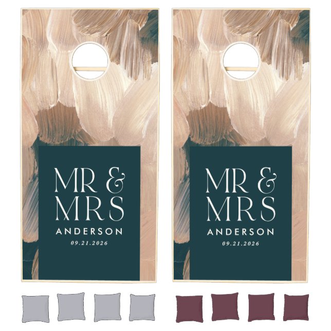 Terracotta teal Mr & Mrs modern painterly wedding Cornhole Set (Set)