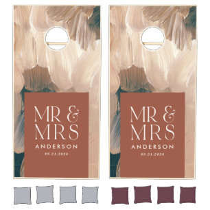 Terracotta teal Mr & Mrs modern painterly wedding  Cornhole Set