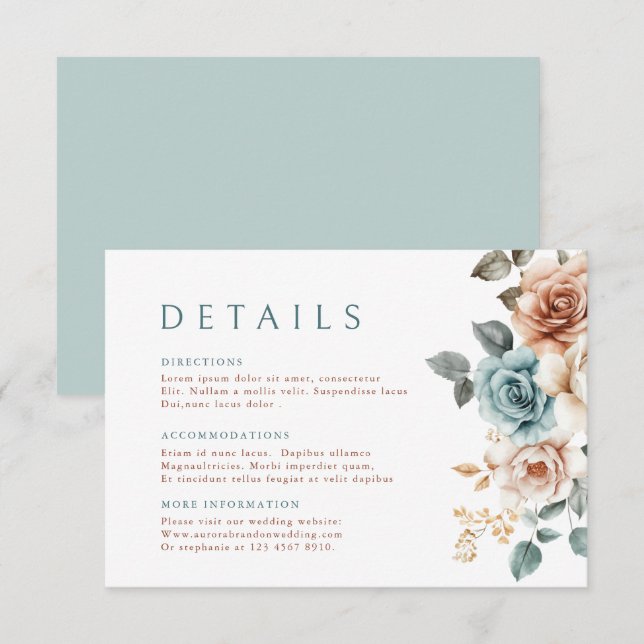 Terracotta Teal Neutral Watercolor floral wedding Enclosure Card (Front/Back)
