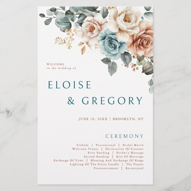 Terracotta Teal Neutral Watercolor Wedding Program (Front)