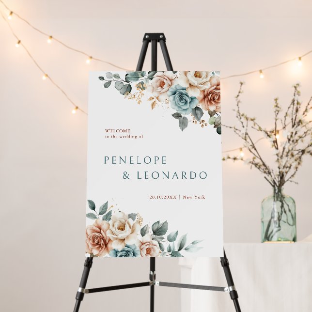 Terracotta Teal Neutral Watercolor Wedding Welcome Foam Board (In Situ (Stand))