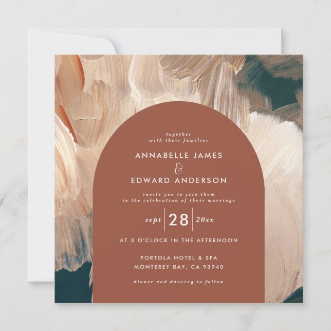 Terracotta  teal painterly modern arch 1 photo save the date (Front)