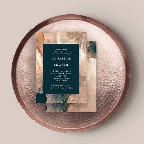 Terracotta teal painterly modern stylish wedding invitation