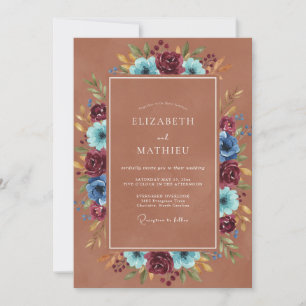 Terracotta Teal Plum Wreath Wedding Invitation