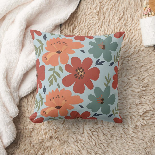 Terracotta & Teal Retro Floral Throw Pillow (Blanket)