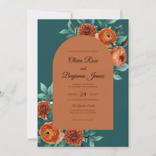 Terracotta Teal Zinnia Dusty Eucalyptus Wedding Invitation