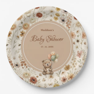 Terracotta Teddy Bear Boho Floral Baby Shower Paper Plates