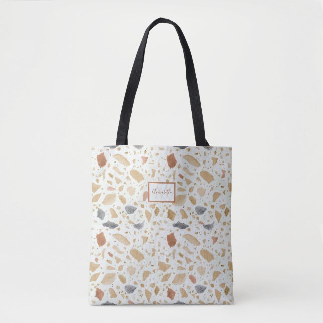 Terracotta Terrazo Modern Abstract w Monogram Name Tote Bag (Front)