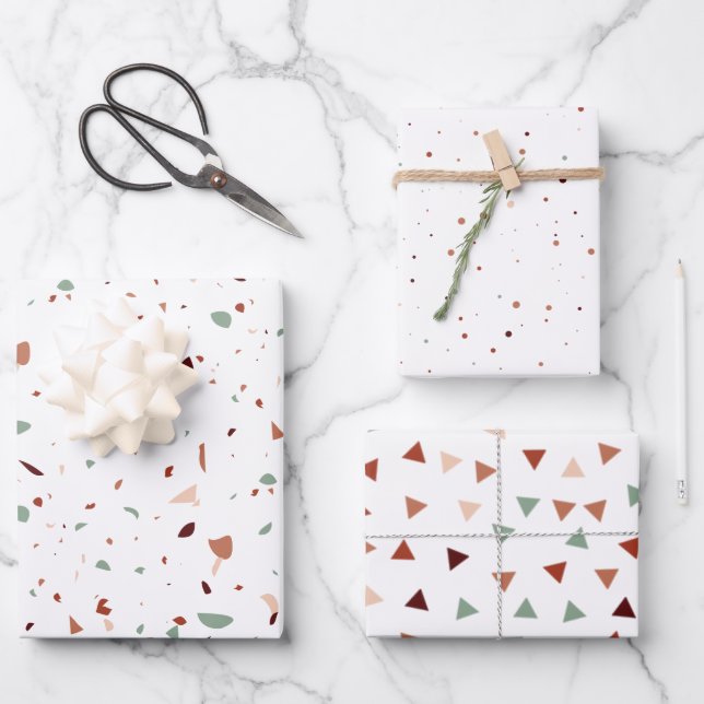 Terracotta Terrazzo Triangles & Dots Modern Wrapping Paper Sheets (Front)