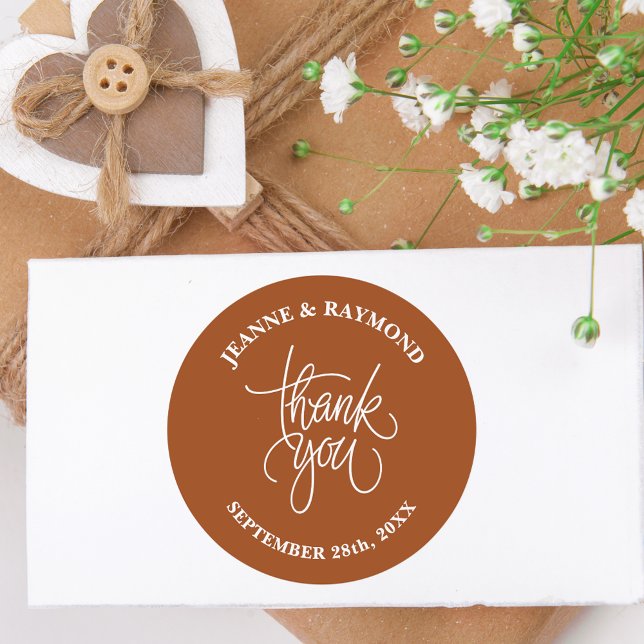 Terracotta Thank You Calligraphy Wedding Favor Classic Round Sticker (Creator Uploaded)