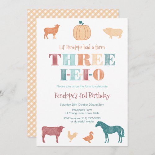 Terracotta Three IEIO Farm 3rd Birthday Party Invitation