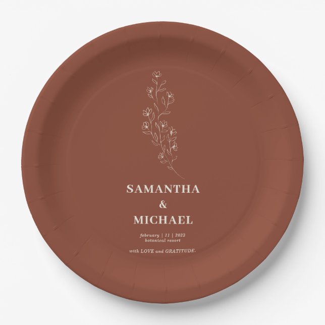 Terracotta Tiny Flower Modern Classy Wedding Paper Plates (Front)