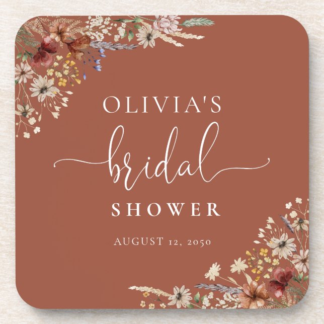 Terracotta Tiny Wildflower Bridal Shower Beverage Coaster (Front)