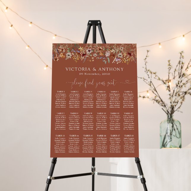 Terracotta Tiny Wildflower Wedding Seating Chart Foam Board (In Situ (Stand))