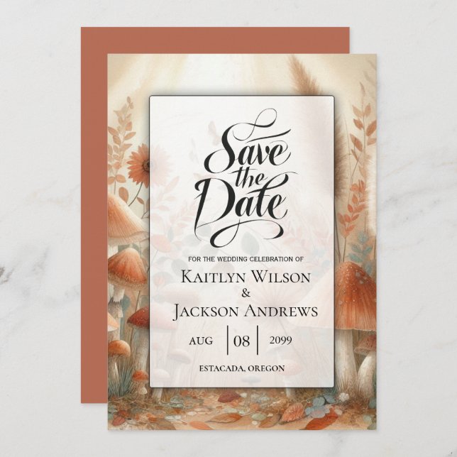 Terracotta Toadstool Woodland Magic Wedding Save The Date (Front/Back)