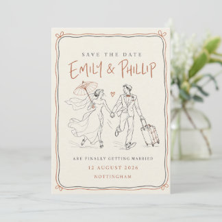Terracotta Travel Line Art Wedding Save the Date Invitation