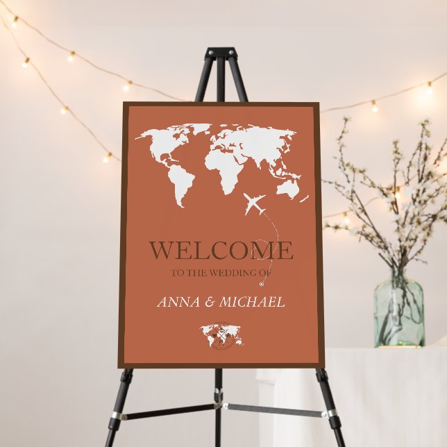 Terracotta Travel Themed Wedding World Map Welcome Foam Board (In Situ (Stand))
