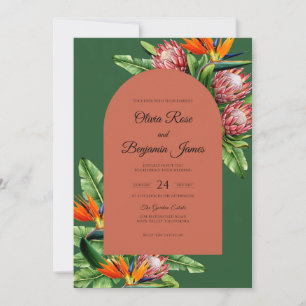 Terracotta Tropical Protea Dusty Eucalyptus Weddin Invitation