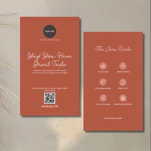 Terracotta Tumbler Care Card with QR Code and Logo