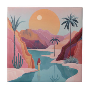 Terracotta Turquoise Celestial Oasis Landscape Ceramic Tile