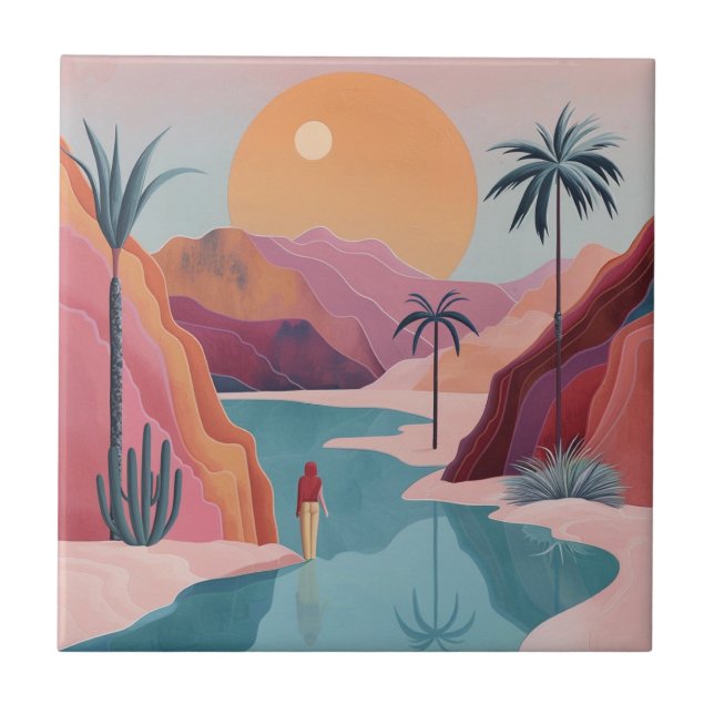Terracotta Turquoise Celestial Oasis Landscape Ceramic Tile (Front)
