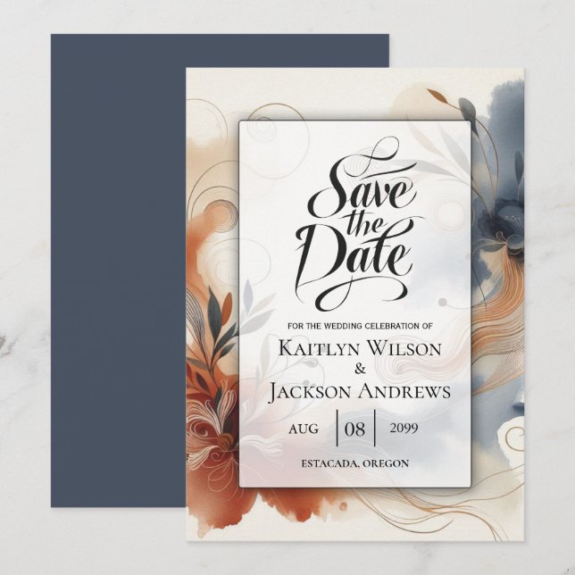  Terracotta Twilight and Navy Blooms Save the Date (Front/Back)