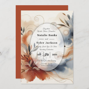 Terracotta Twilight and Navy Blooms Wedding Invitation
