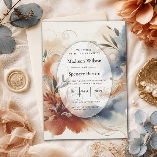 Terracotta Twilight and Navy Blooms Wedding Invitation