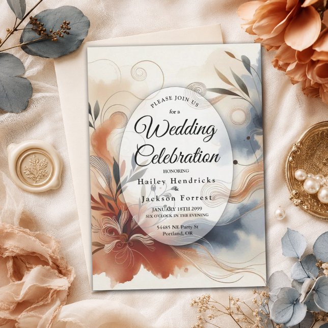Terracotta Twilight and Navy Blooms Wedding Invitation (Creator Uploaded)