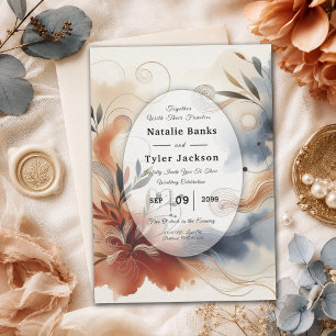 Terracotta Twilight and Navy Blooms Wedding Invitation