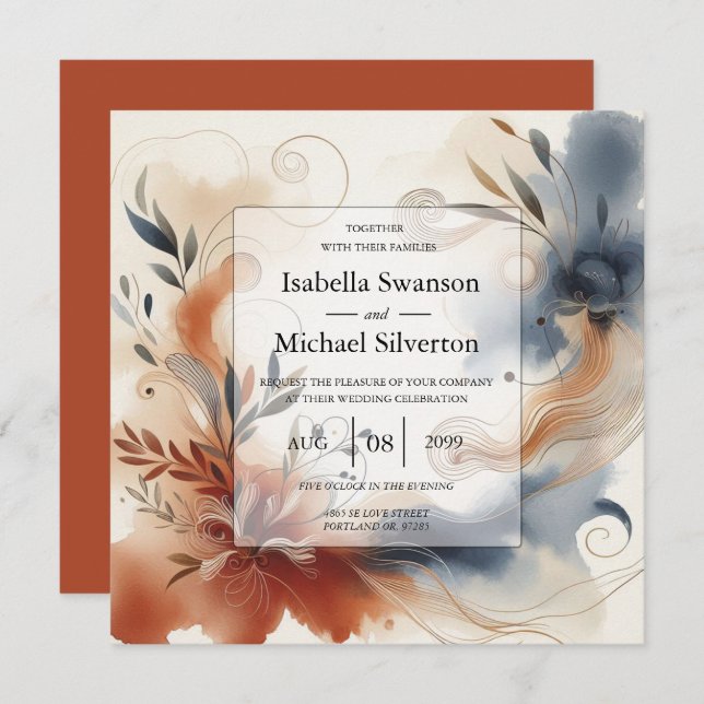 Terracotta Twilight and Navy Blooms Wedding Invitation (Front/Back)