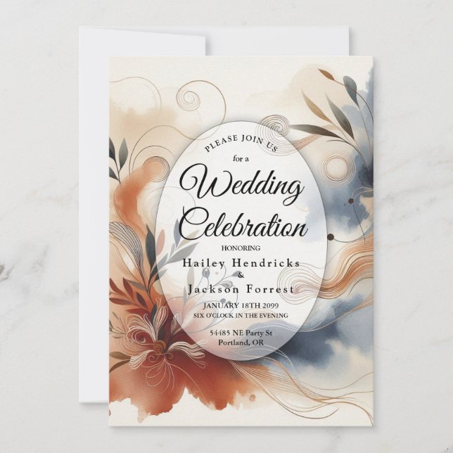 Terracotta Twilight and Navy Blooms Wedding Invitation (Front)