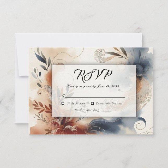 Terracotta Twilight and Navy Blooms Wedding RSVP Card (Front)