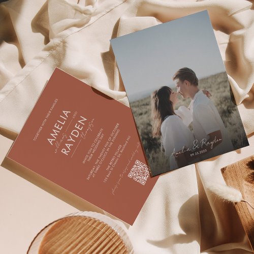 Terracotta Typography Script Photo QR Code Wedding Invitation