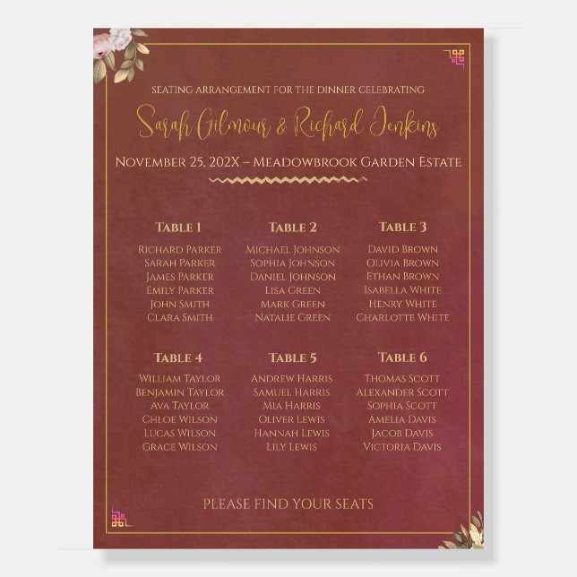 Terracotta Velvet Rustic Seating Chart Foam Board (Front)
