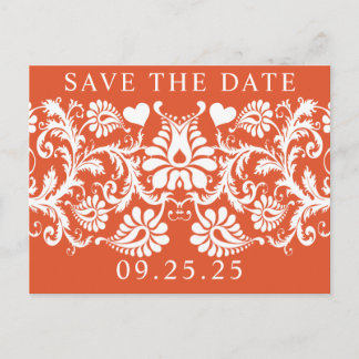 Terracotta Victorian Floral Damask Save the Date Announcement Postcard