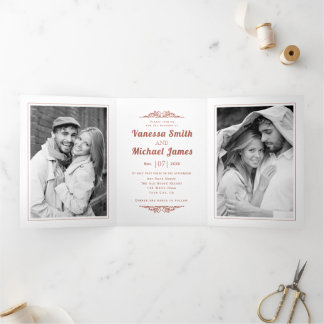 Terracotta vintage elements and typography wedding Tri-Fold invitation