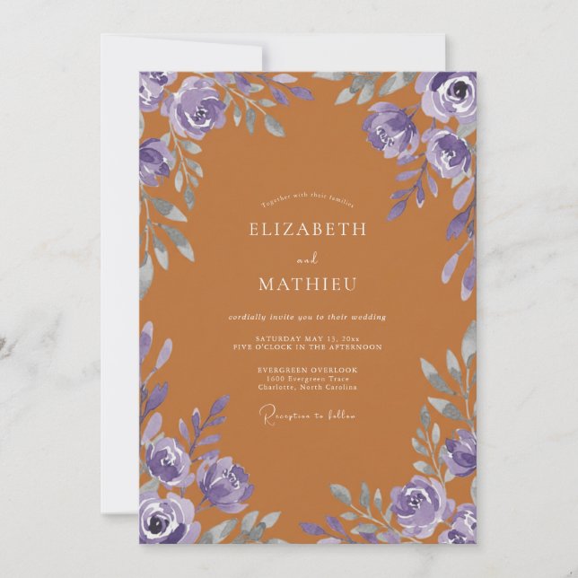Terracotta Violet Rose Wedding Invitation (Front)