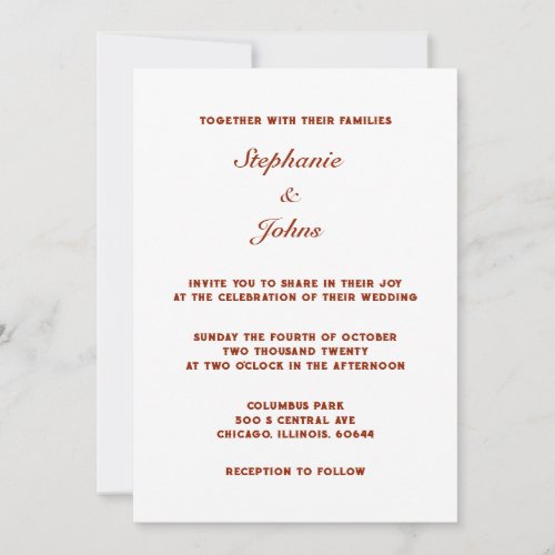 Terracotta Warm Earth White Classic Simple Wedding Invitation