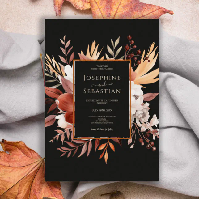 Terracotta Watercolor Black Fall Floral Wedding Invitation | Zazzle