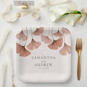 Terracotta Watercolor Botancial Ginkgo Wedding Paper Plates