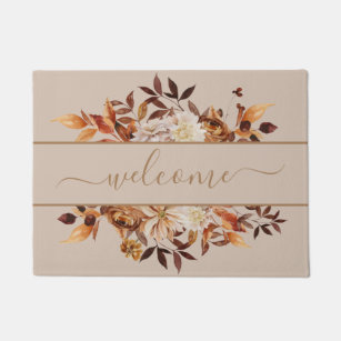 Terracotta Watercolor Fall Floral Leaves Welcome Doormat