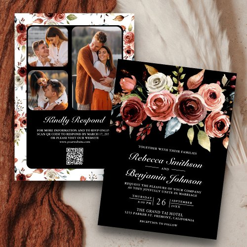 Terracotta Watercolor Floral Black QR Code Wedding Invitation