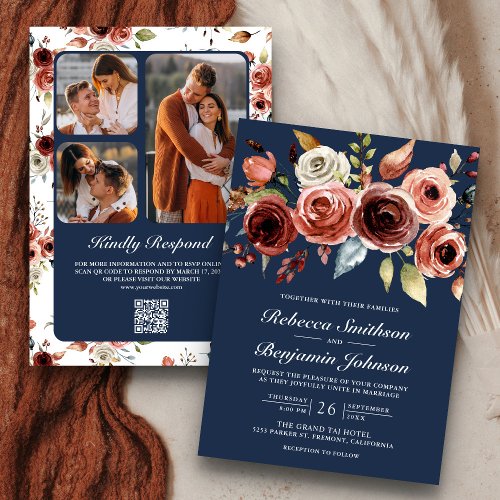 Terracotta Watercolor Floral Navy QR Code Wedding Invitation