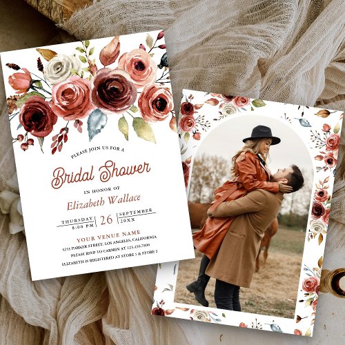 Terracotta Watercolor Floral Photo Bridal Shower Invitation