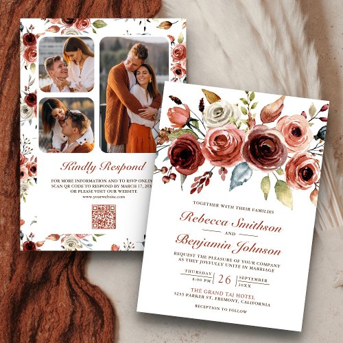 Terracotta Watercolor Floral Photo QR Code Wedding Invitation