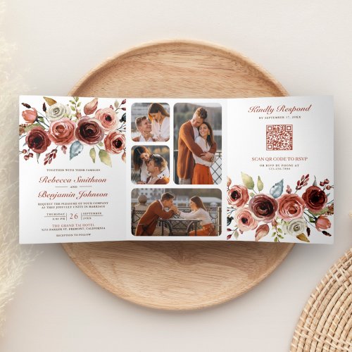 Terracotta Watercolor Floral Photo QR Code Wedding Tri_Fold Invitation
